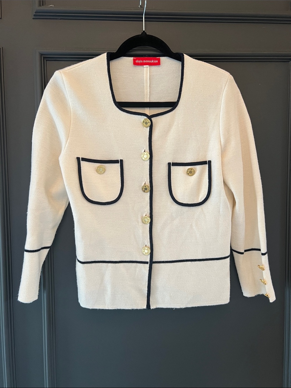 Vintage Cream Knit Cardigan with Navy Trim